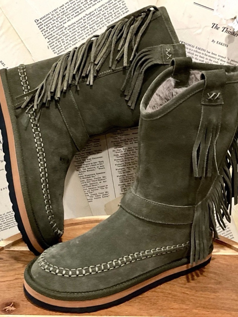 Free People Faye Fringe Pull On Boots Military Olive Suede Faux Fur